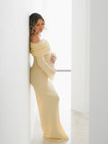 Plataz Yellow Knit Off Shoulder Flare Sleeve Mermaid Bodycon Elegant Vacation Photoshoot Baby Shower Maternity Maxi Dress Maternity