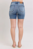 Plataz Blue Button Fly Mid Length Denim Shorts W/ Destroy DJPT
