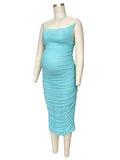 Plataz Spaghetti Strap Mesh Ruched Bodycon Babyshower Maternity Midi Dress Maternity