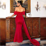 Plataz Red Satin off-the-Neck Elegant Lady Short Sleeve Long Pattern High-Grade Chest-Wrapped Evening HZ1007