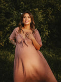 Plataz Bow Flutter Sleeve Solid V-neck Flowy Vacation Beach Cute Baby Shower Photoshoot Maternity Maxi Dress Maternity