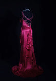 Vintage Fuchsia Satin Beaded Evening Gown Sheath Ruffled Party Dress Long Formal Dress HZ1024