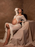 Plataz White Ruffle Cut Out Crop Irregular Split Sheer Vacation Dress Bodycon Photoshoot Maternity Maxi Dress Maternity