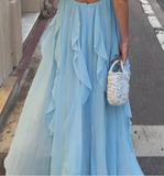 Plataz A Line Halter Blue Chiffon Backless Long Evening Dress Prom Dresses SD1660 HZ0628