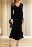 Plataz V-neck pleated hip skirt elegant fishtail slim dress evening HZ1007