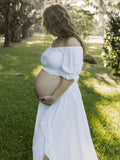 Plataz Solid Color Off Shoulder Backless Ruffle Crop Side Slit 2-in-1 Photoshoot Maternity Maxi Dress Maternity