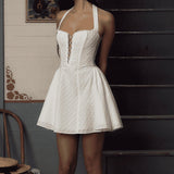 Plataz White Halterneck Mini Dress For Women High Waist Hollow Lace Up Embroidery Sleeveless Folds Sexy Backless Evening HZ1007