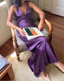 Plataz A-Line V Neckline Grape Satin Long Prom Dresses Formal Evening Dress SD1389 HZ0628