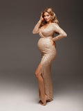 Plataz Golden Glitter Sequin Side Slit V-neck Elegant Eevning Gown Maternity Photoshoot Baby Shower Party Maxi Dress Maternity
