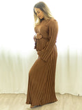 Plataz Brown Pleated Ruffle Belted Elegant Photoshoot Baby Shower Maternity Maxi Dress Maternity