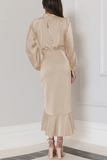 Plataz Solid Flounce Fold Turtleneck Evening Dress HZ1007
