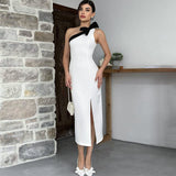 Plataz Bow Skew Collar Sexy Split Maxi Dress Women's Contrast Color Sleeveless Elegant Club Evening Dress Splice Fashion HZ1007