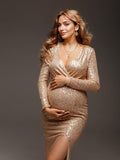 Plataz Golden Glitter Sequin Side Slit V-neck Elegant Eevning Gown Maternity Photoshoot Baby Shower Party Maxi Dress Maternity