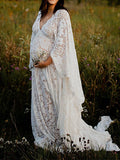 Plataz Floral Lace Backless Boho Baby Shower Flare Sleeve Pregnant Maternity Photoshoot Maxi Dress Maternity