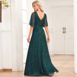 Plataz See Through Sleeve Pairs V Neck Pleated A Large Swing Evening Dress Wedding Sequined Mop HZ1007