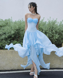 Plataz Blue Strapless Irregular Chiffon Party Prom Dress Sweetheart Evening Gown HZ1007