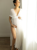 Plataz V-Neck Linen Cotton Bohemian Backless Thigh High Side Slits Tassel Vacation Photoshoot Maternity Maxi Dress Maternity