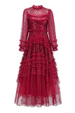 Plataz Sequin Polka Dot Ruffle Mock Neck Tiered Tulle Maxi Evening HZ1007