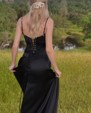 Chic Black Satin Lace-up Sheath Evening Gown Spaghetti Strap Party Dress Long Formal Dress HZ1024