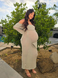 Plataz Green Knit Off Shoulder Flare Sleeve Bodycon Elegant Going Out Maternity Photoshoot Maxi Sweater Dress Maternity