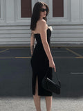 Plataz Black Splice Bow Long Dress Women Sexy Slit Bodycon Off Shoulder Dresses Lady Wedding Elegant Party Evening Dress HZ1007