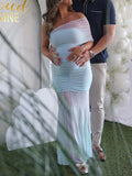 Plataz Light Blue Mesh Off Shoulder Ruched Mermaid Elegant Maternity Baby Shower Maxi Dress Maternity