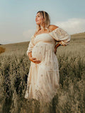 Plataz Apricot Daisy Print Smocked Off Shoulder Ruffle Big Swing Elegant Vacation Maternity Photoshoot Baby Shower Party Maxi Dress Maternity