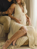 Plataz Solid Color Cut Out V-Neck Side Slit Backless Tassel Halter Neck Vacation Photoshoot Maternity Maxi Dress Maternity