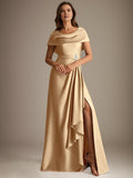 Plataz Scoop Floor-Length Stretch Satin Mother of the Bride Dress With Cascading HZ1007