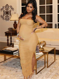 Plataz Apricot Ruched Side Slit Bodycon Baby Shower Maternity Dress Maternity