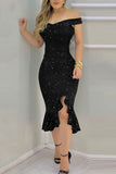 Plataz Elegant Solid Sequined Stringy Selvedge Off the Shoulder Evening Dress HZ1007