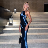 Elegant Shiny Satin Prom Dress Halter-neck Evening Gown Sheath Party Dress Long Formal Dress HZ1024
