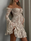 Plataz White Lace Off Shoulder Bow Drawstring Ruffle Flare Sleeve Elegant Baby Shower Maternity Mini Dress Maternity