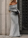 Plataz Sleeves Skinny Pleated Solid Color Split-Joint Off-The-Shoulder Evening Dresses Maxi HZ1007