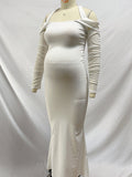 Plataz White Off Shoulder Halter Neck Bodycon Elegant Cocktail Maternity Baby Shower Maxi Dress Maternity