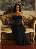 Plataz Black Strapless Ruffle Gown ¨C Sheer Waist-Cinching Evening Dress for Gala & HZ1007