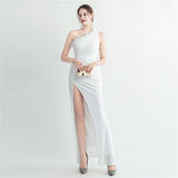 Plataz Nailed Ostrich Feather Off Shoulder Sequined Evening Dress with Roman HZ1007