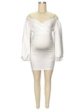 Plataz White Off Shoulder Backless V-Neck Lantern Sleeve Bodycon Party Cute Baby Shower Maternity Mini Dress Maternity