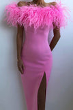 Plataz Elegant Solid Feathers Zipper Off the Shoulder Evening Dress HZ1007