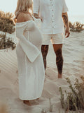 Plataz White Cut Out Backless Flare Sleeve Beach Cover Up Baby Shower Photoshoot Maternity Maxi Dress Maternity