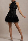 Plataz Party Sequins Zipper Feather Hemline Halter Evening HZ1007