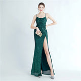Plataz Density Sequin Pleated Side Slit Sling Long Evening HZ1007