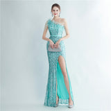 Plataz Industry Ostrich Hair Craft Beading Evening Dress with Side HZ1007