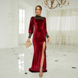 Plataz Long Sleeved Velvet Round Neck Split Evening Dress Bridesmaid Dress Women HZ1007