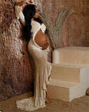 Plataz White Ruffle Cut Out Crop Irregular Split Sheer Vacation Dress Bodycon Photoshoot Maternity Maxi Dress Maternity