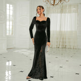 Plataz Sexy Long-Sleeved Long Velvet Square Collar Annual Meeting Split Evening Dress Bridesmaid Dress Women HZ1007
