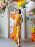 Plataz Yellow Pleated Cut Out One Shoulder Big Swing Plus Size Elegant Maternity Photoshoot Baby Shower Maxi Dress Maternity