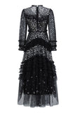 Plataz Sequin Polka Dot Ruffle Mock Neck Tiered Tulle Maxi Evening HZ1007
