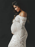 Plataz White Lace Sequin Off Shoulder Mermaid Bodycon Wedding Gown Baby Shower Elegant Foamal Maternity Photoshoot Maxi Dress Maternity