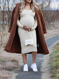 Plataz Solid Knitted Rib Fabric Off Shoulder V-neck Fall Fashion Maternity Photoshoot Maxi Dress Maternity